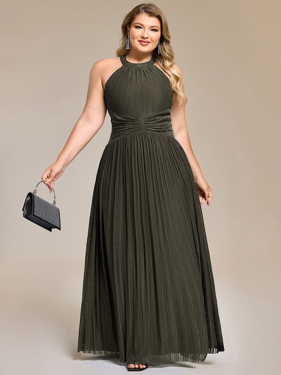 Halter Neck Pleated Glittery Formal Evening Dress with Empire Waist #color_Olive Green