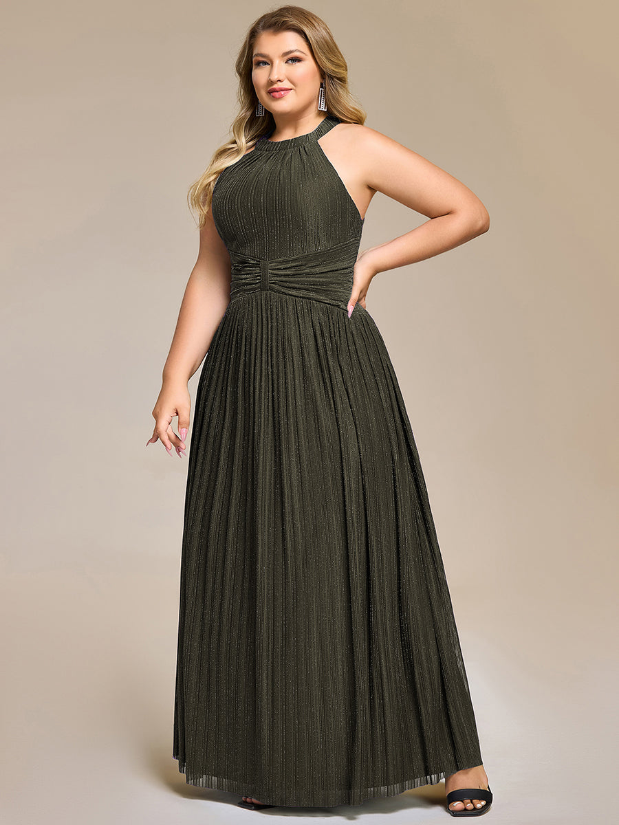 Plus Size Glittery Halter Neck Pleated Formal Evening Dress #color_Olive Green