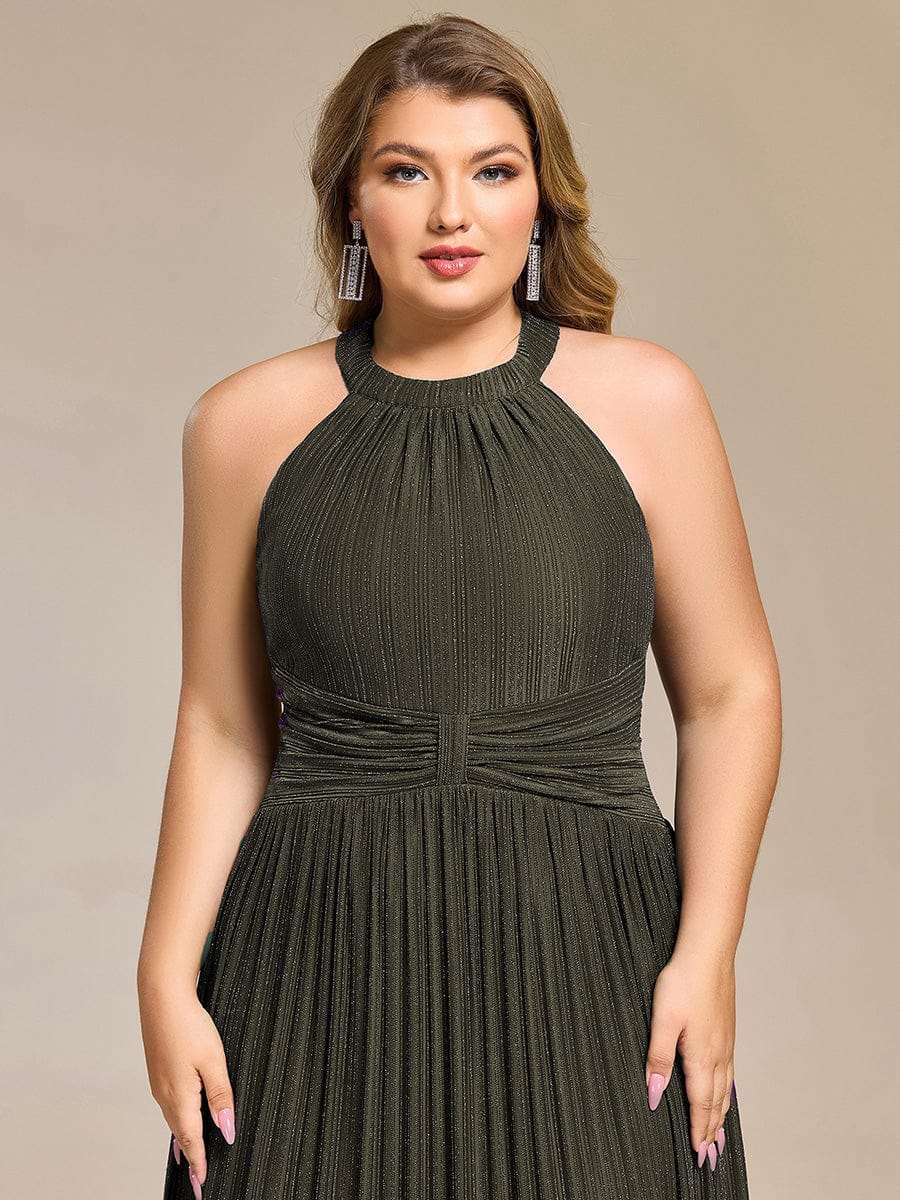 Halter Neck Pleated Glittery Formal Evening Dress with Empire Waist #color_Olive Green