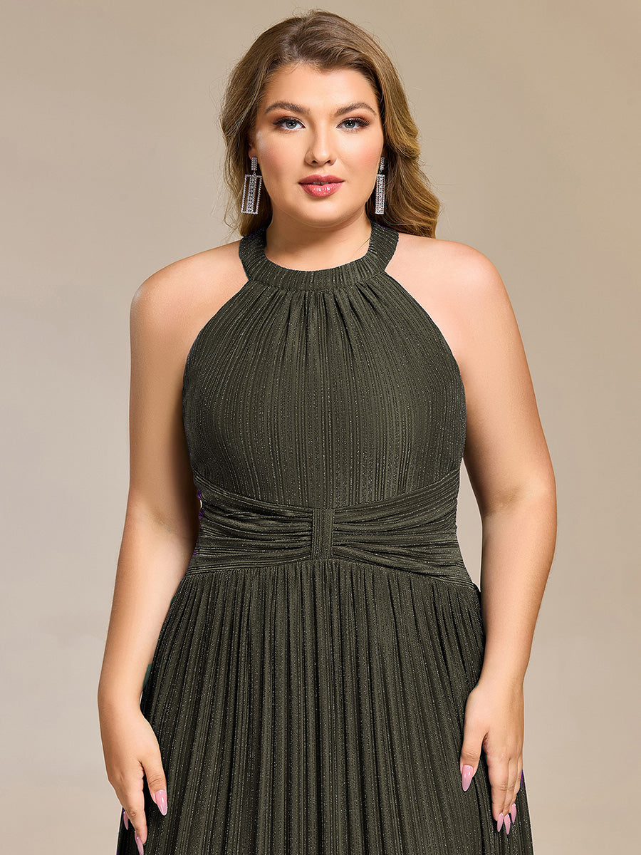 Plus Size Glittery Halter Neck Pleated Formal Evening Dress #color_Olive Green