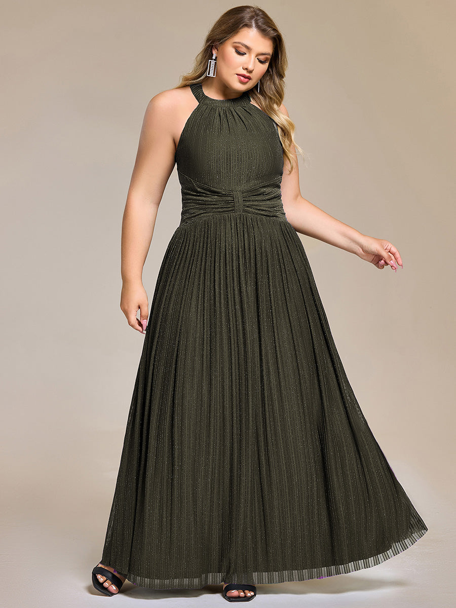 Plus Size Glittery Halter Neck Pleated Formal Evening Dress #color_Olive Green