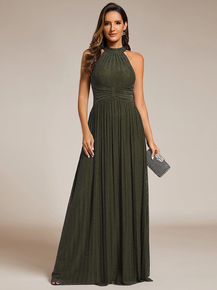 Halter Neck Pleated Glittery Formal Evening Dress with Empire Waist #color_Olive Green
