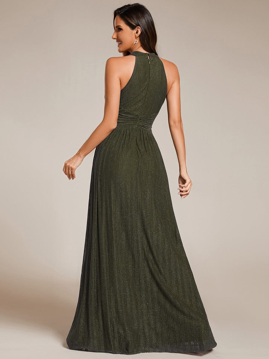 Halter Neck Pleated Glittery Formal Evening Dress with Empire Waist #color_Olive Green