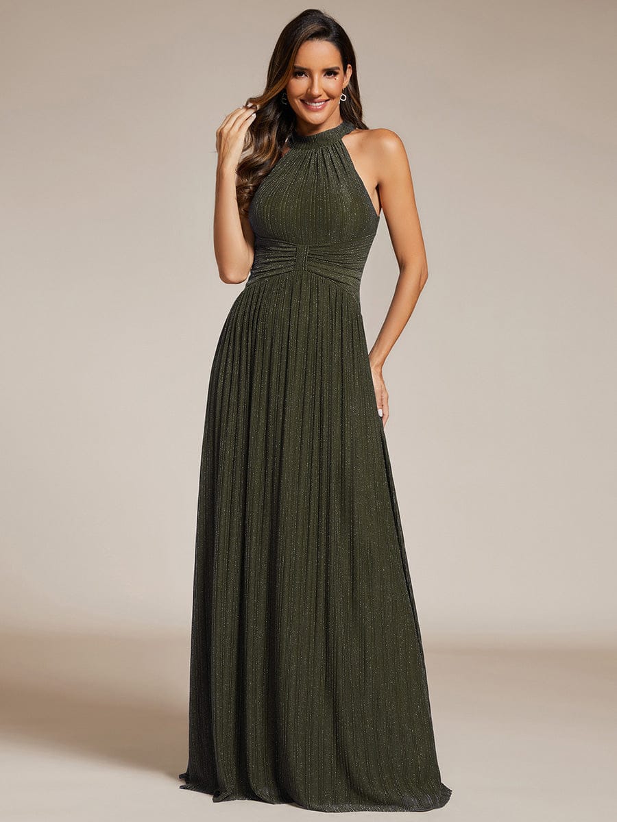 Halter Neck Pleated Glittery Formal Evening Dress with Empire Waist #color_Olive Green