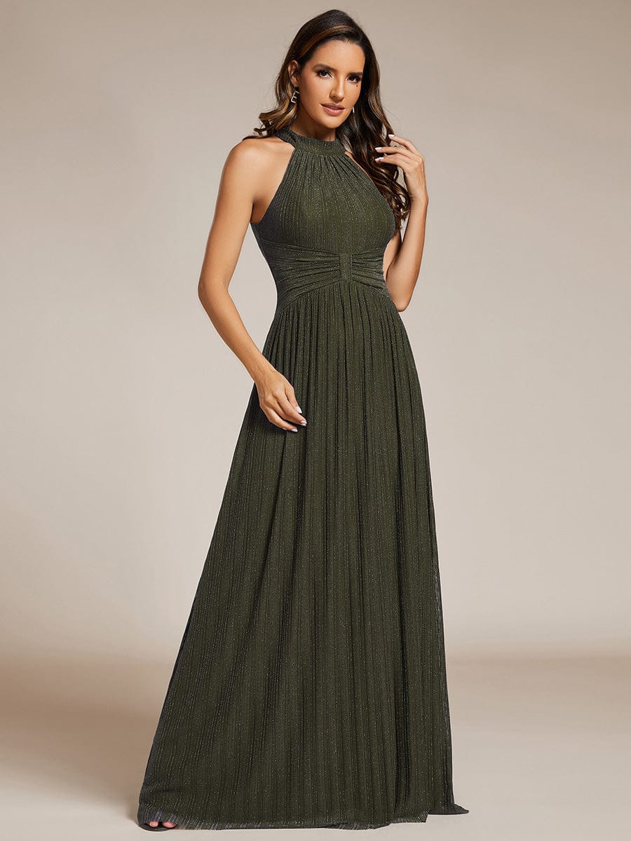 Halter Neck Pleated Glittery Formal Evening Dress with Empire Waist #color_Olive Green