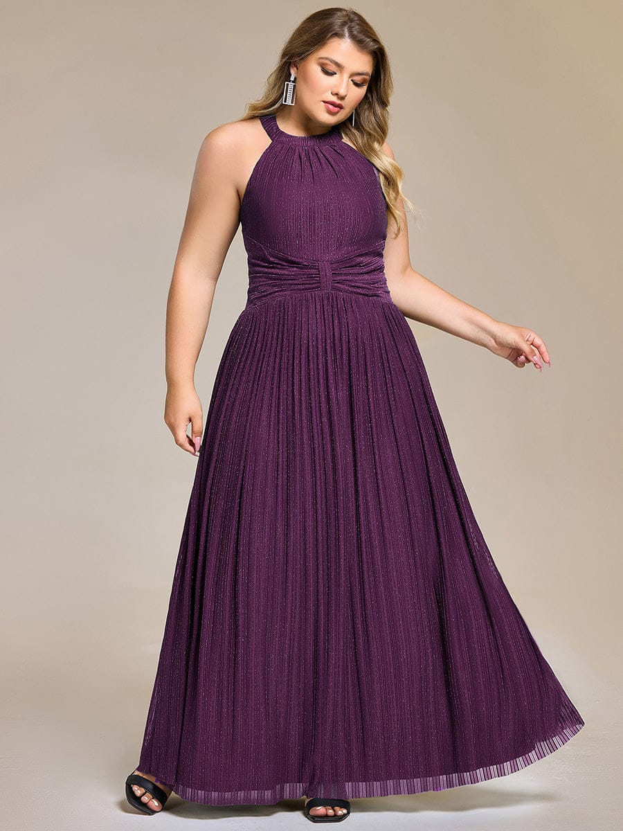 Halter Neck Pleated Glittery Formal Evening Dress with Empire Waist #color_Purple Wisteria