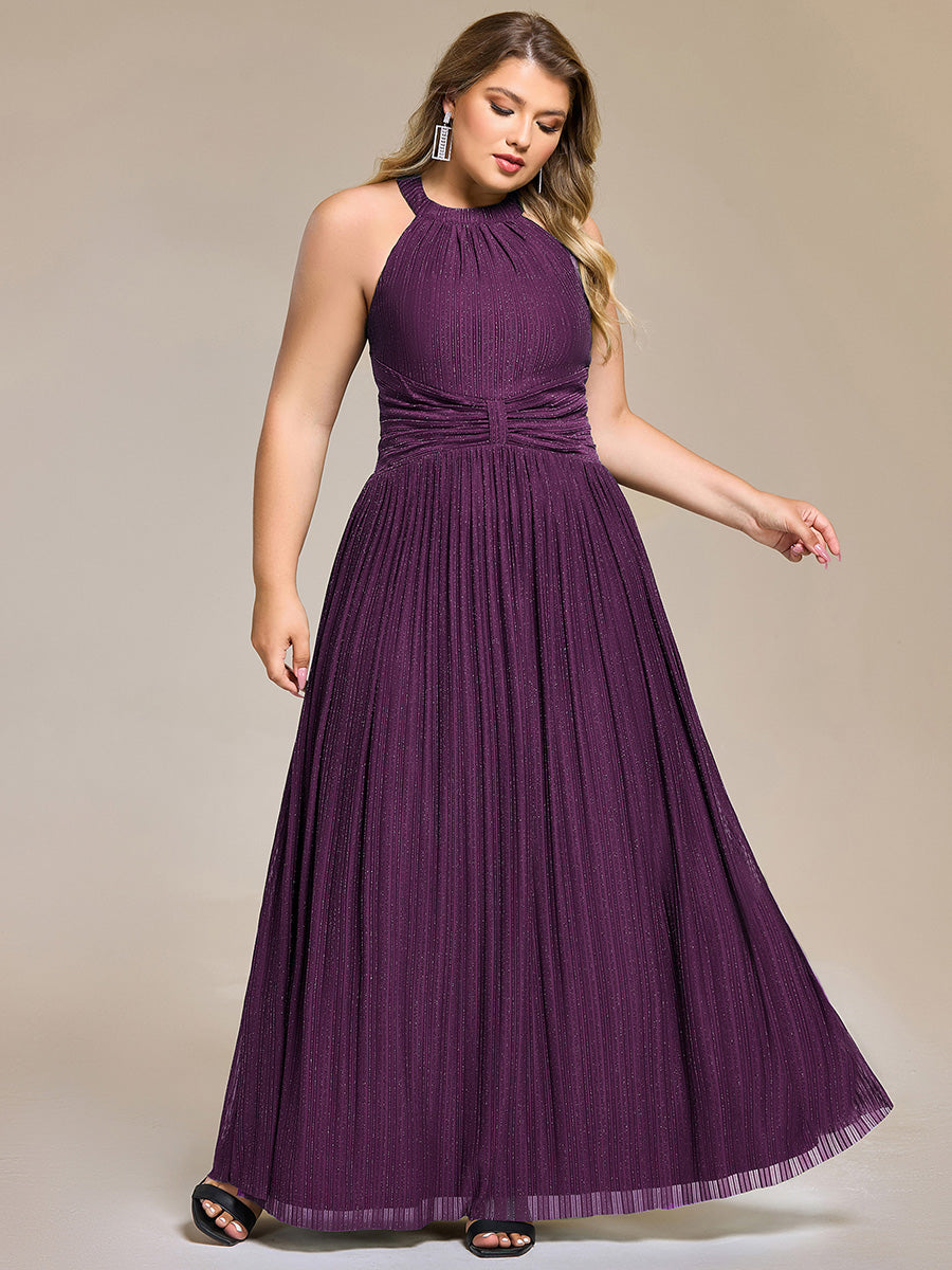 Plus Size Glittery Halter Neck Pleated Formal Evening Dress #color_Purple Wisteria