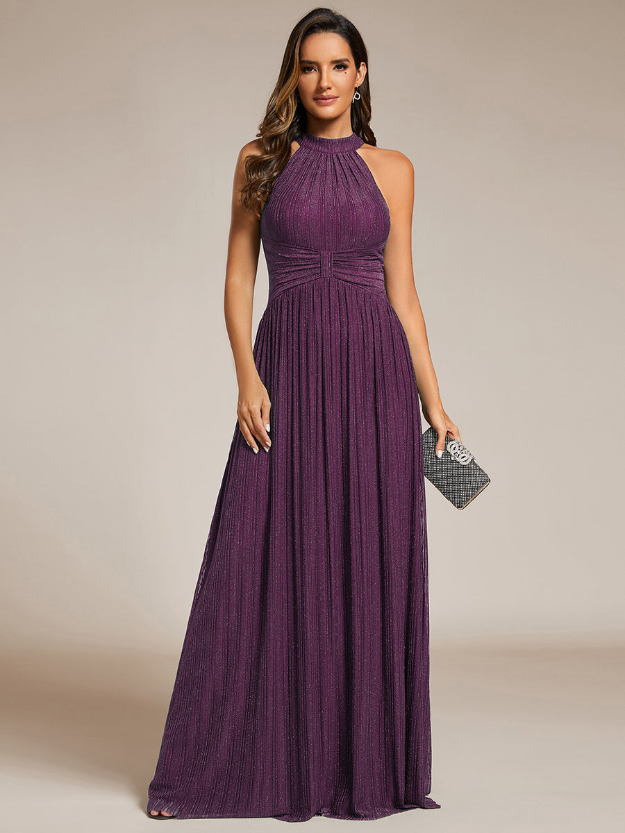 Halter Neck Pleated Glittery Formal Evening Dress with Empire Waist #color_Purple Wisteria