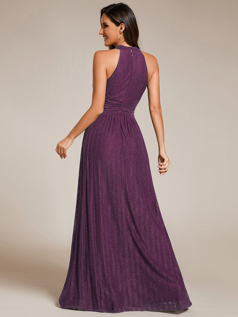 Halter Neck Pleated Glittery Formal Evening Dress with Empire Waist #color_Purple Wisteria