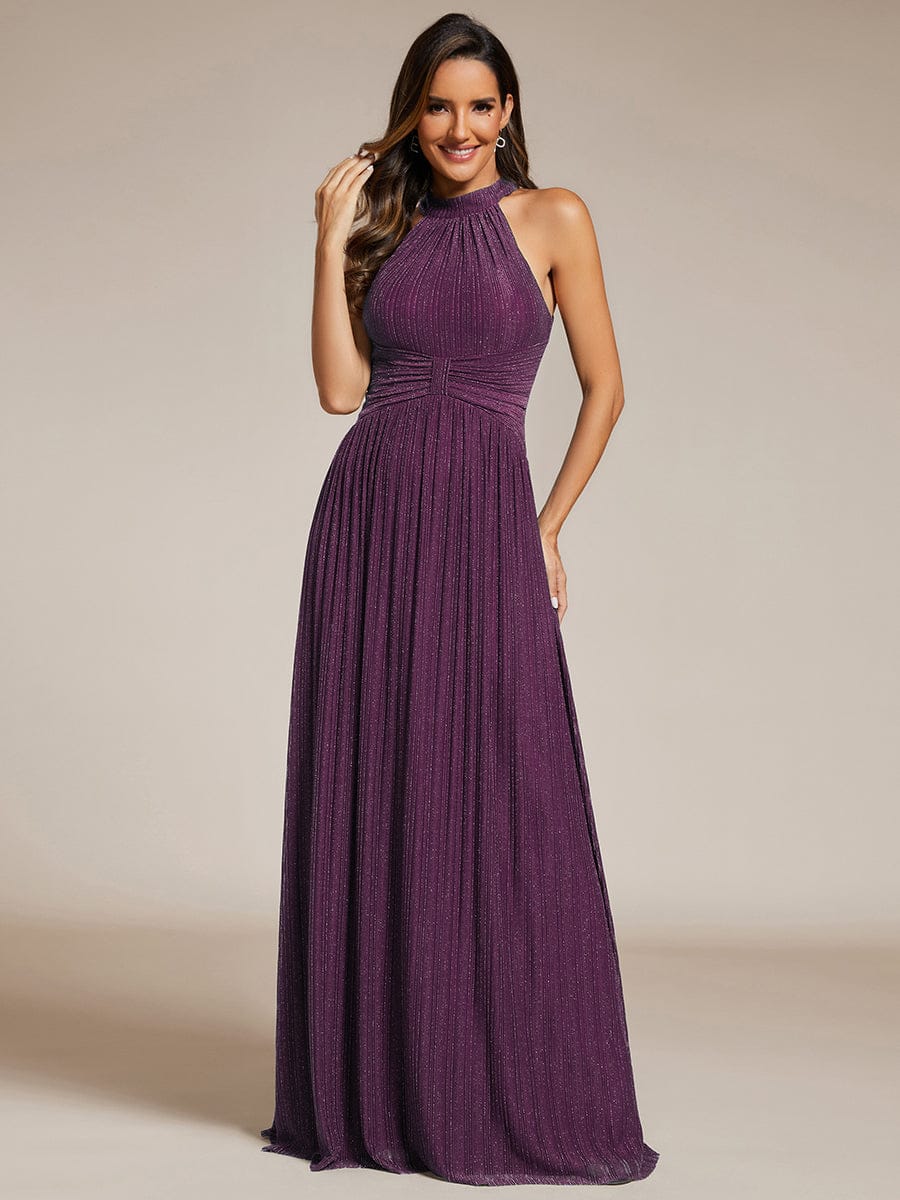 Halter Neck Pleated Glittery Formal Evening Dress with Empire Waist #color_Purple Wisteria