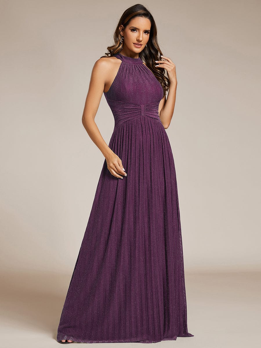 Halter Neck Pleated Glittery Formal Evening Dress with Empire Waist #color_Purple Wisteria
