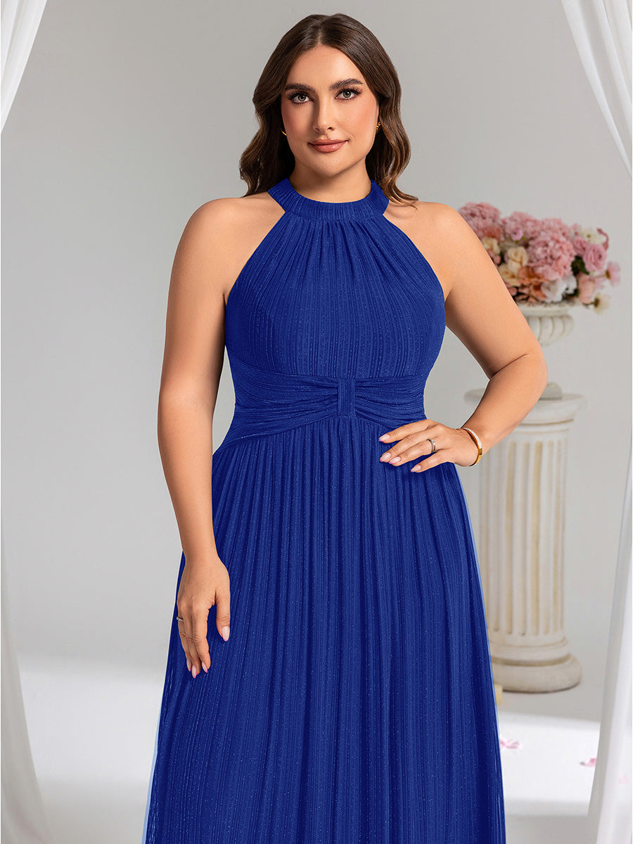 Plus Size Glittery Halter Neck Pleated Formal Evening Dress #color_Sapphire Blue