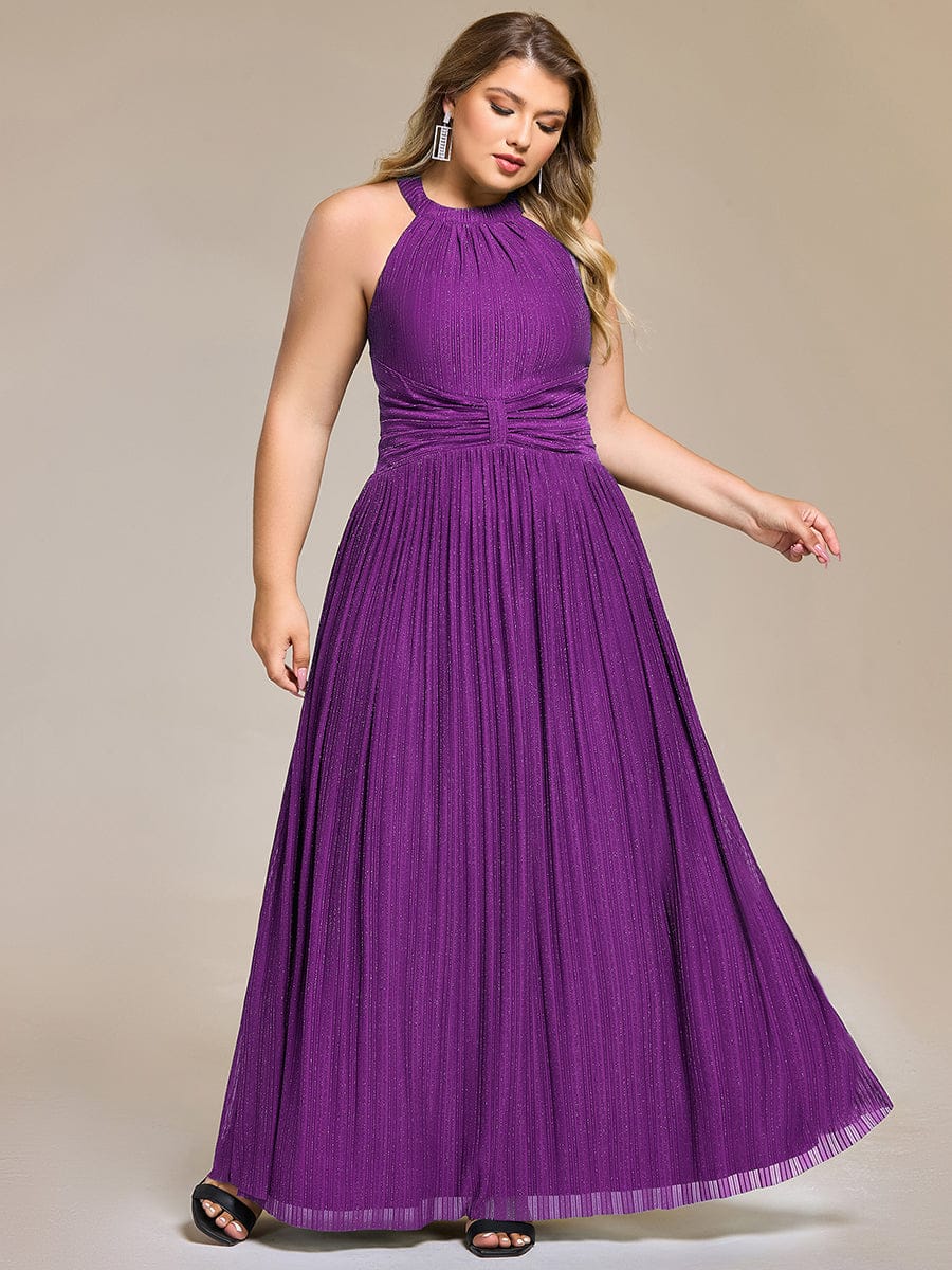 Halter Neck Pleated Glittery Formal Evening Dress with Empire Waist #color_Sparkling Grape