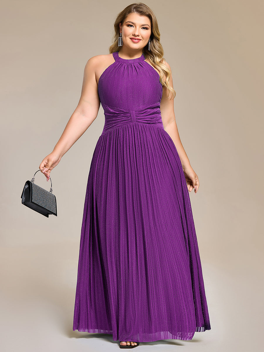 Plus Size Glittery Halter Neck Pleated Formal Evening Dress #color_Sparkling Grape
