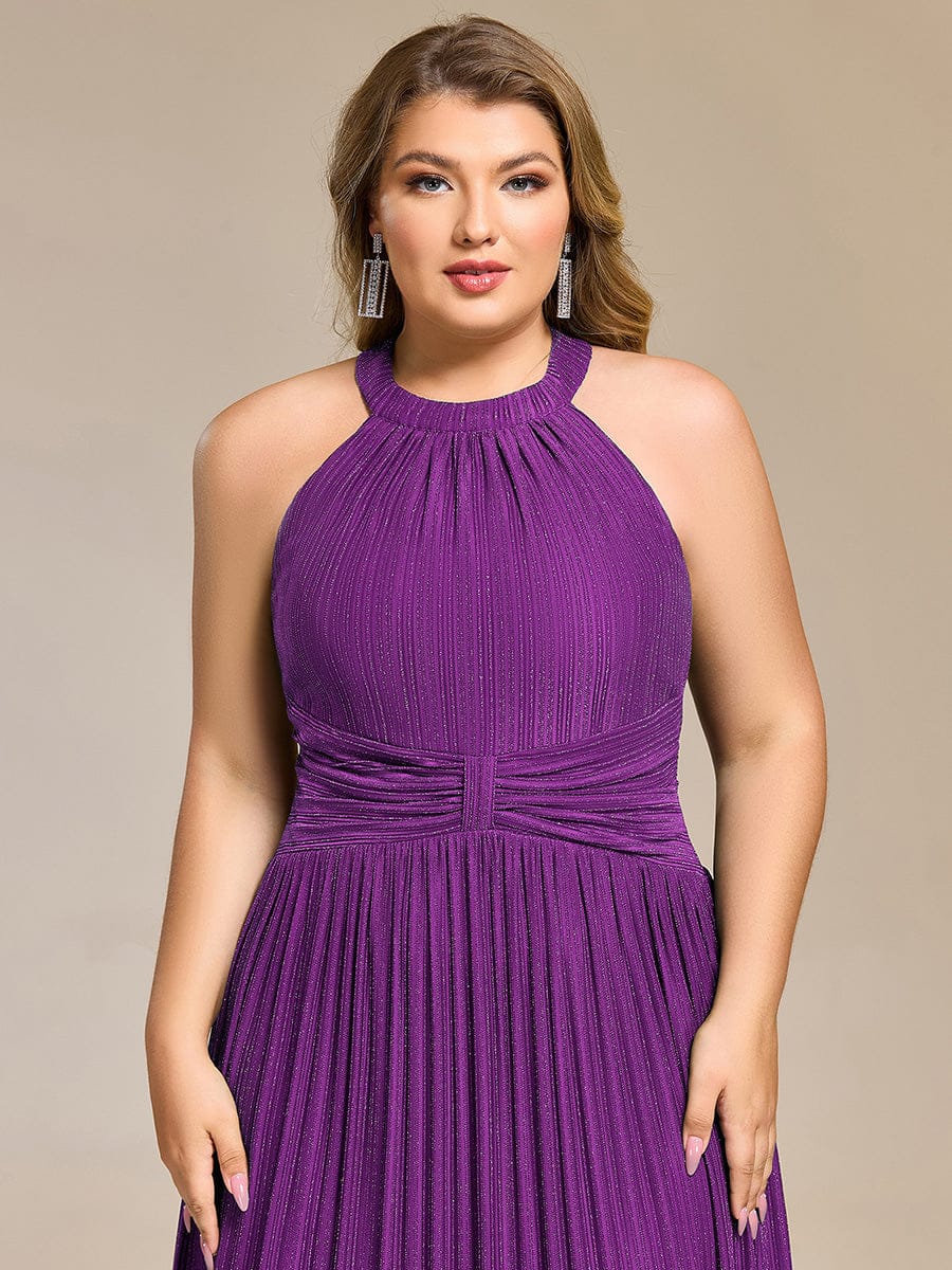 Halter Neck Pleated Glittery Formal Evening Dress with Empire Waist #color_Sparkling Grape