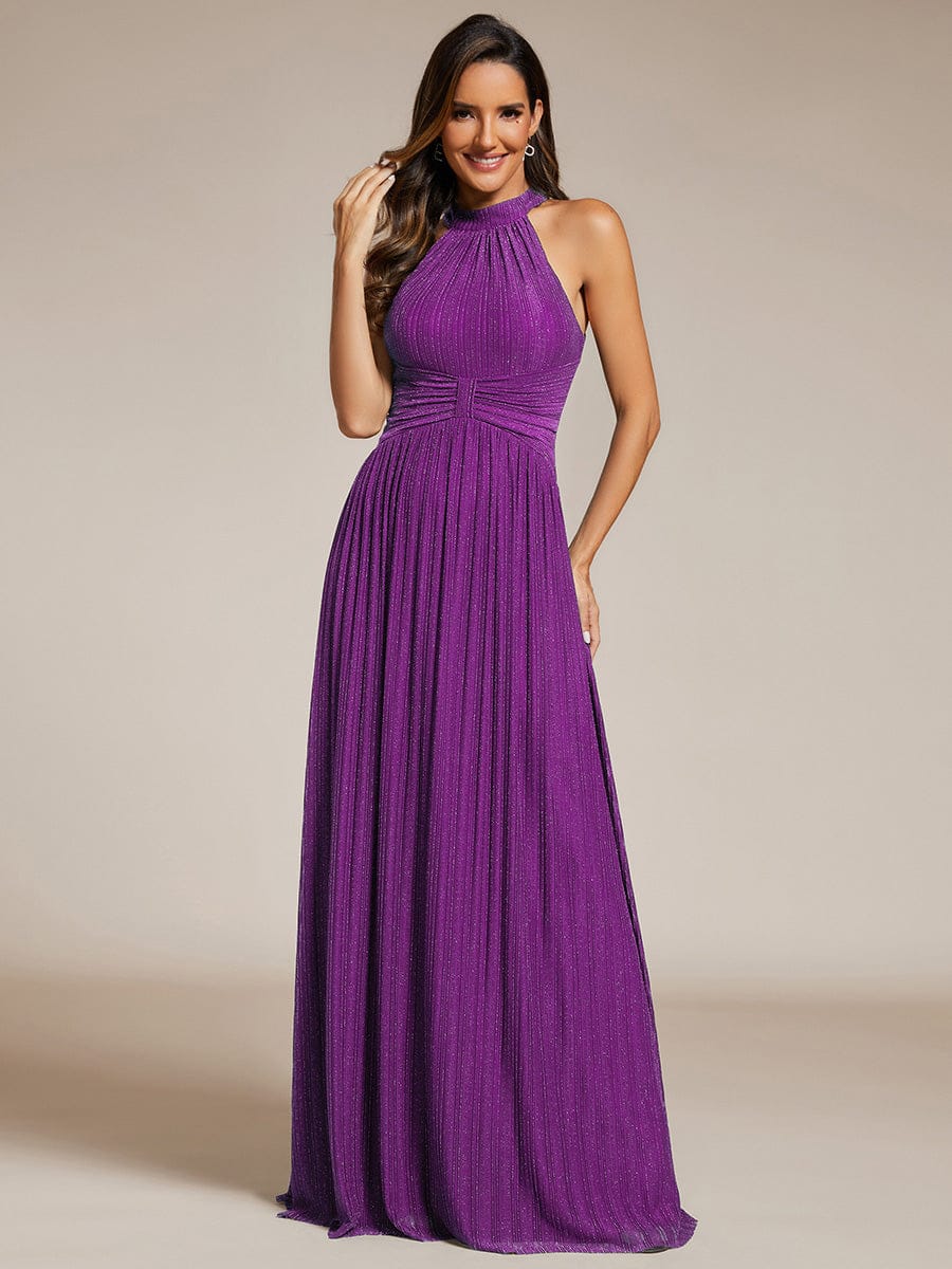 Halter Neck Pleated Glittery Formal Evening Dress with Empire Waist #color_Sparkling Grape