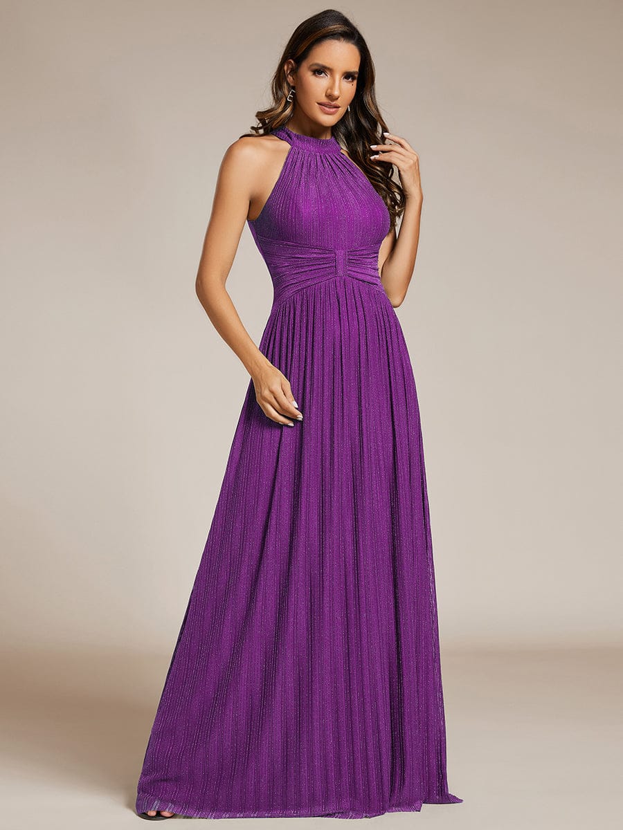 Halter Neck Pleated Glittery Formal Evening Dress with Empire Waist #color_Sparkling Grape