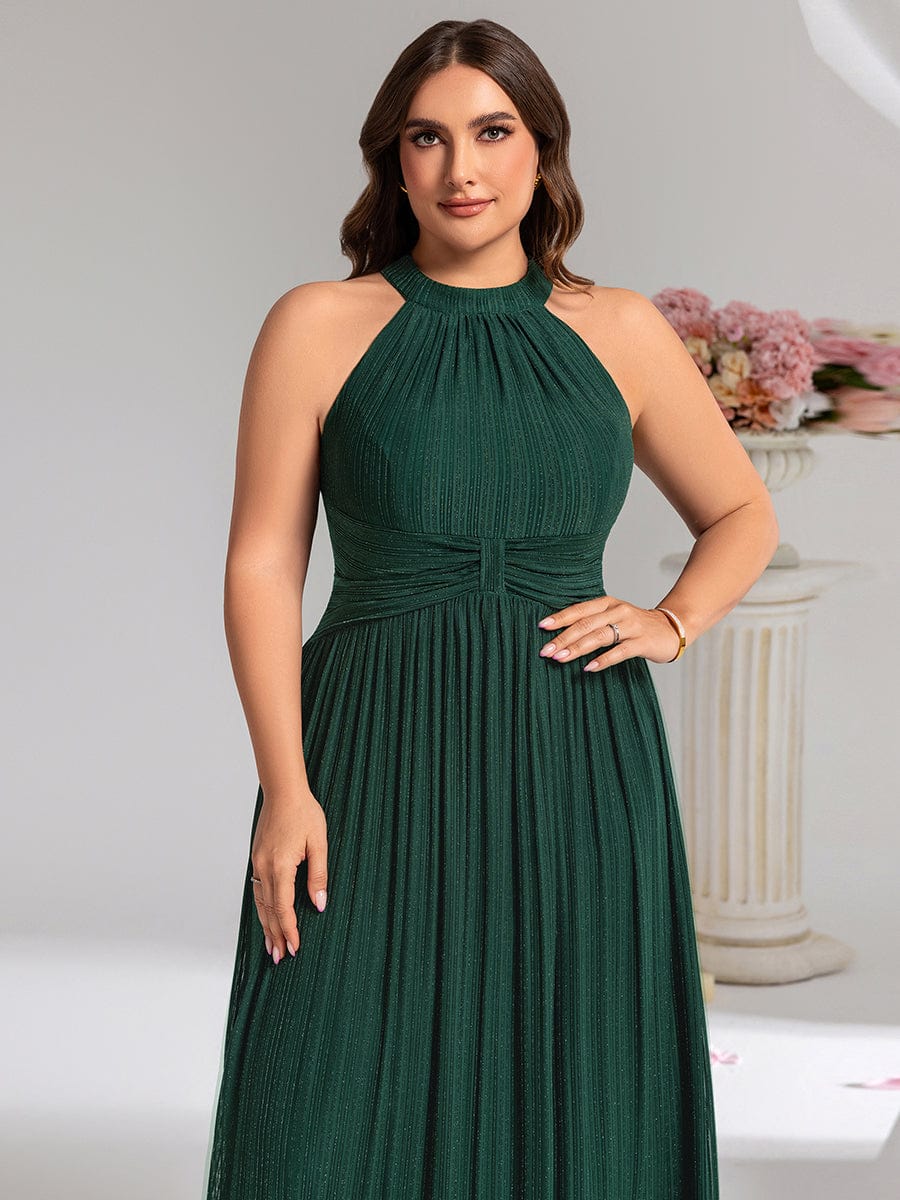 Plus-Size Glittery Halter Neck Dress #color_Dark Green