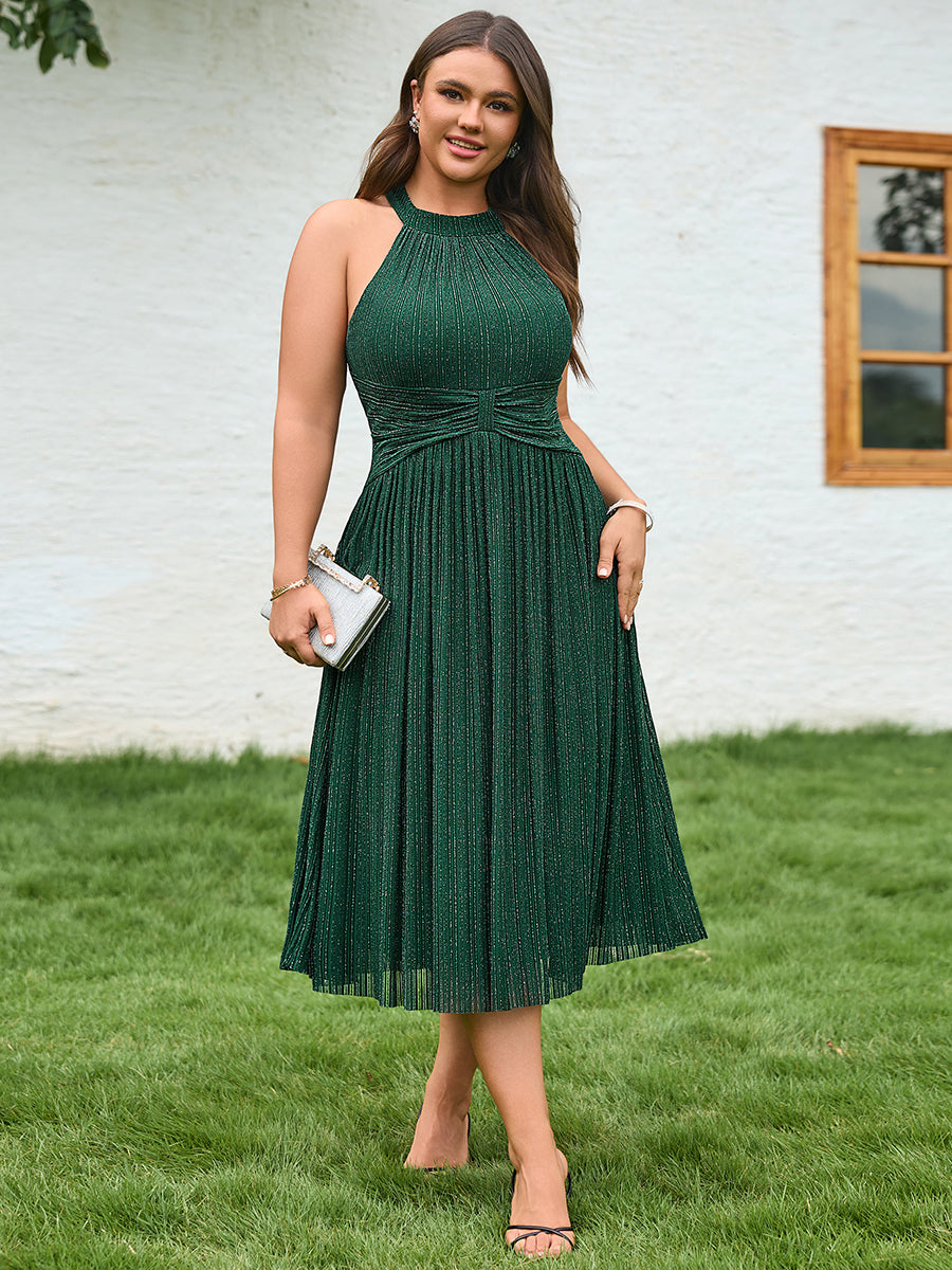 Plus-Size Glittery Halter Neck Dress #color_Dark Green