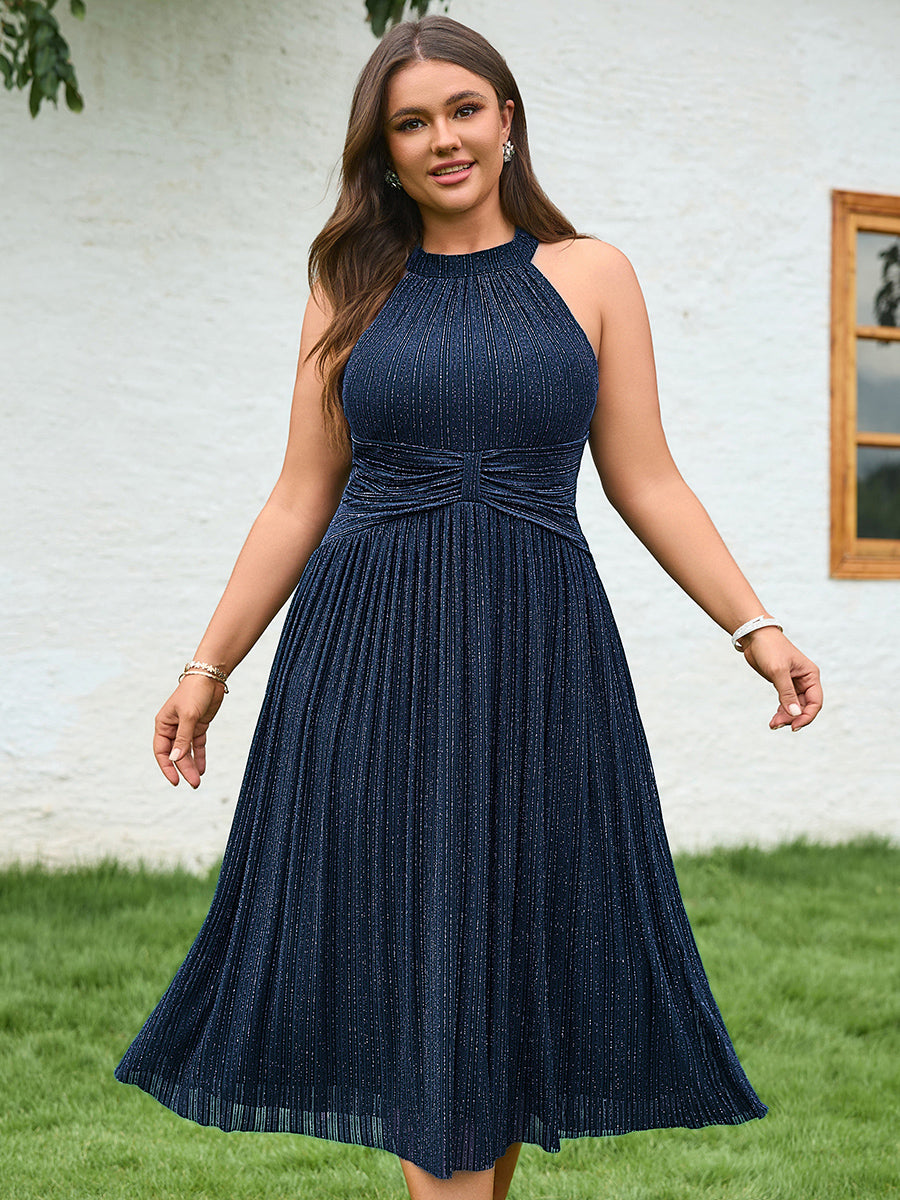 Plus-Size Glittery Halter Neck Dress #color_Navy Blue