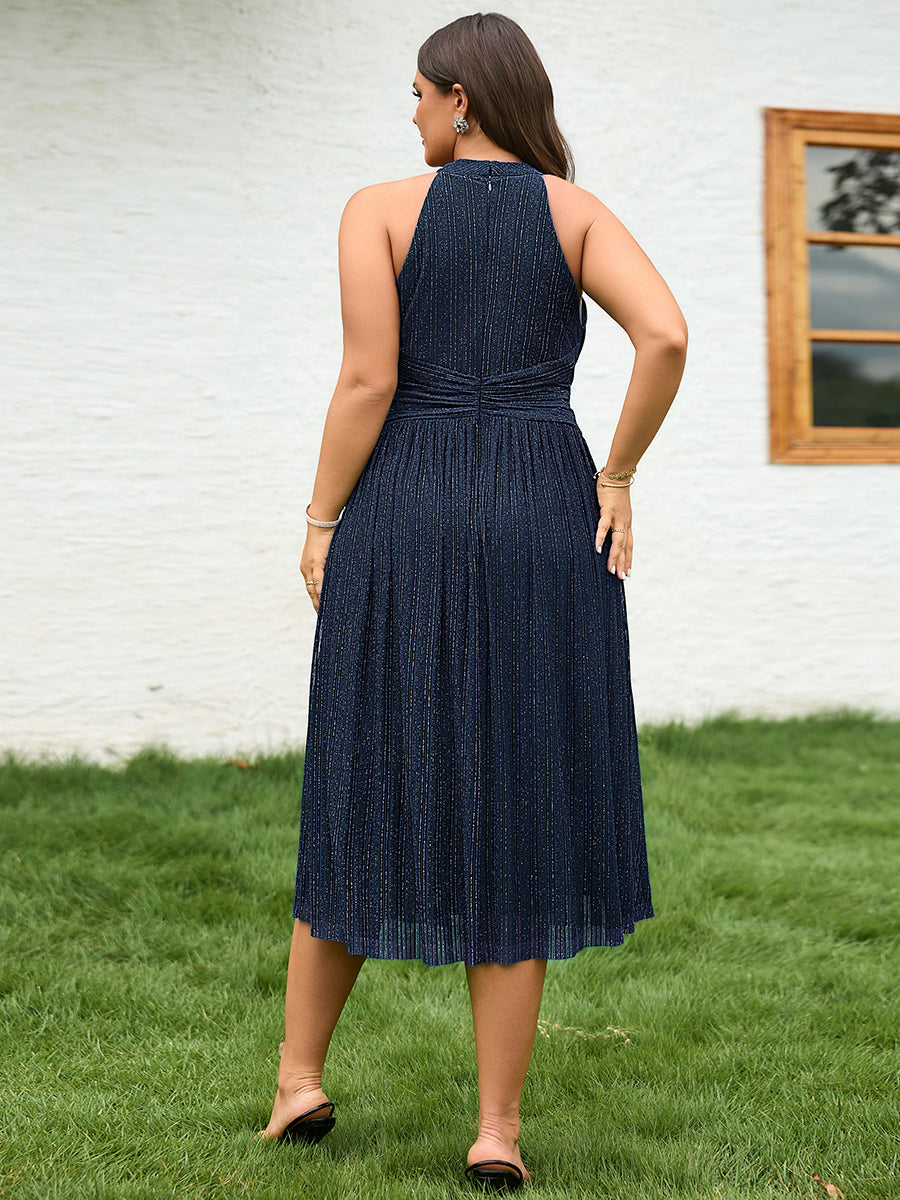Plus-Size Glittery Halter Neck Dress #color_Navy Blue