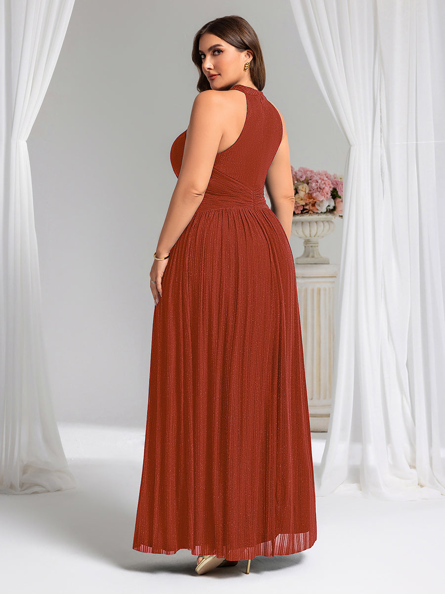 Plus Size Glittery Halter Neck Pleated Formal Evening Dress #color_Burnt Orange