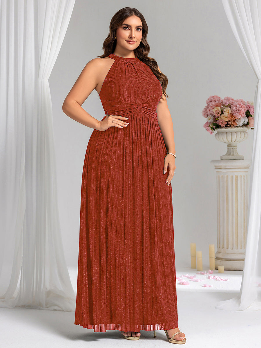Halter Neck Pleated Glittery Formal Evening Dress with Empire Waist #color_Burnt Orange