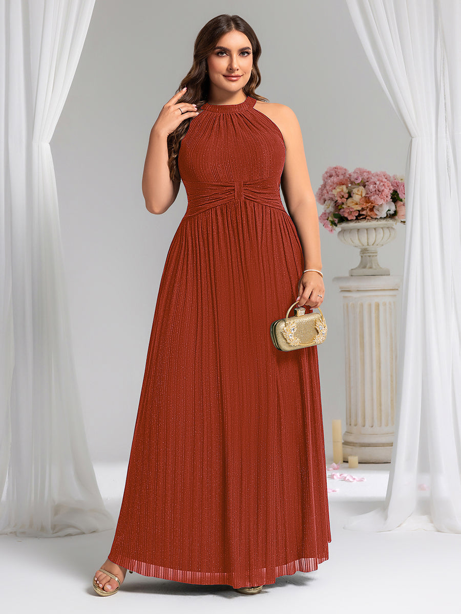 Halter Neck Pleated Glittery Formal Evening Dress with Empire Waist #color_Burnt Orange