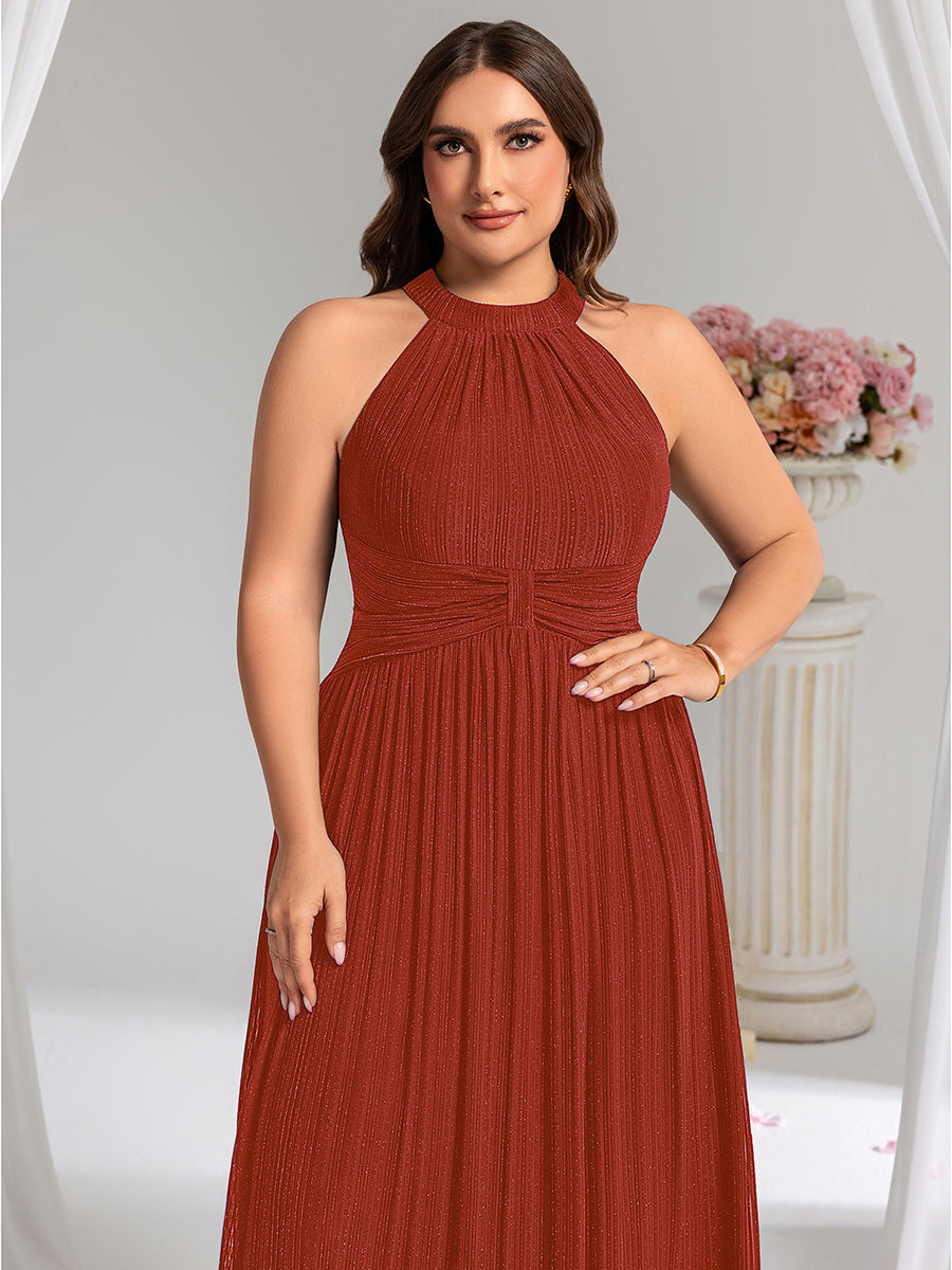 Halter Neck Pleated Glittery Formal Evening Dress with Empire Waist #color_Burnt Orange