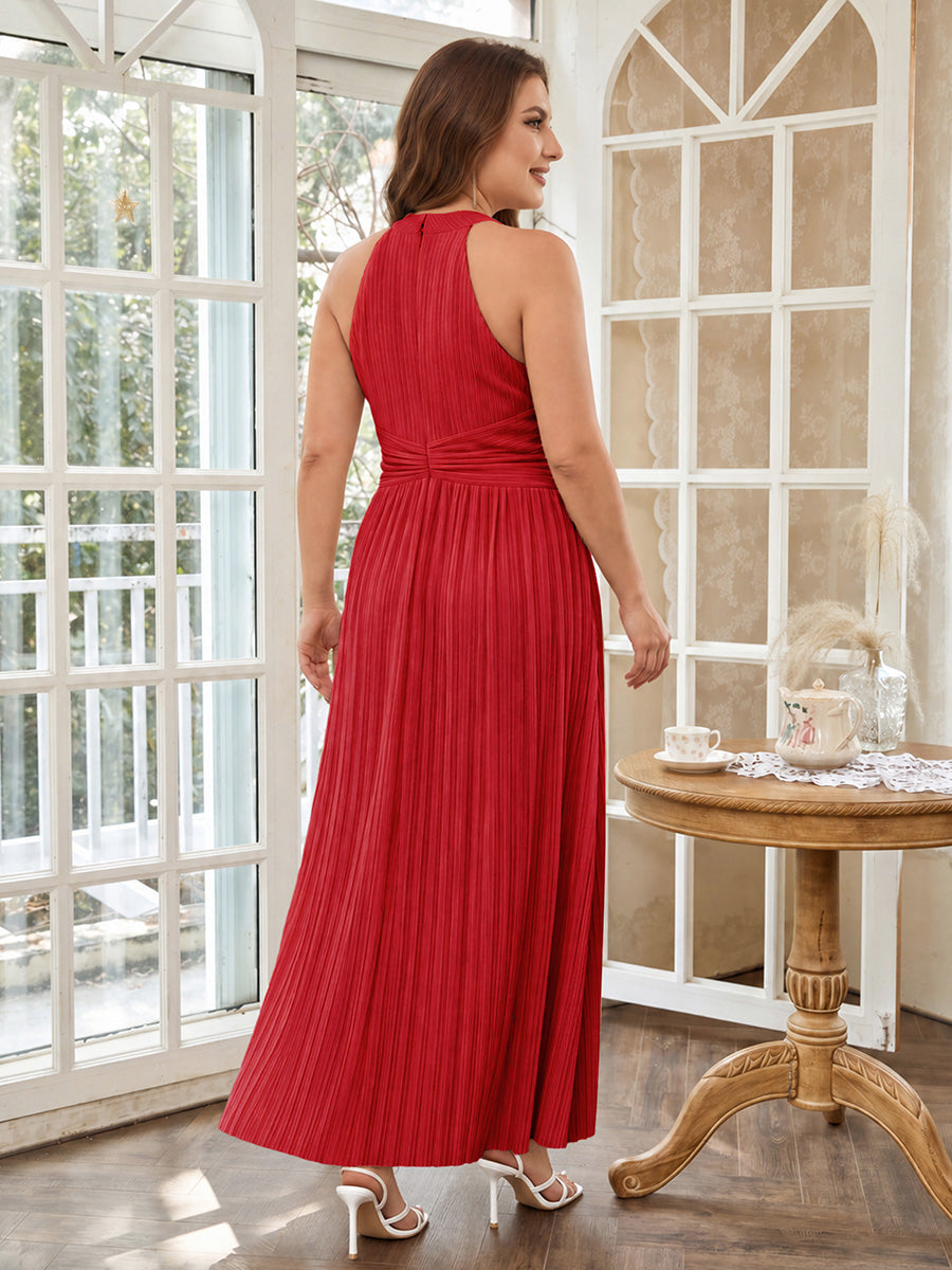 Halter Neck Pleated Glittery Formal Evening Dress with Empire Waist #color_Red