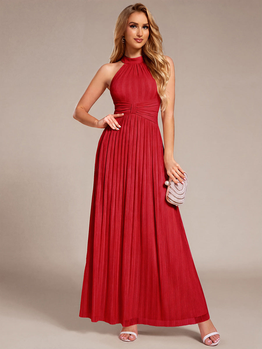 Halter Neck Pleated Glittery Formal Evening Dress with Empire Waist #color_Red