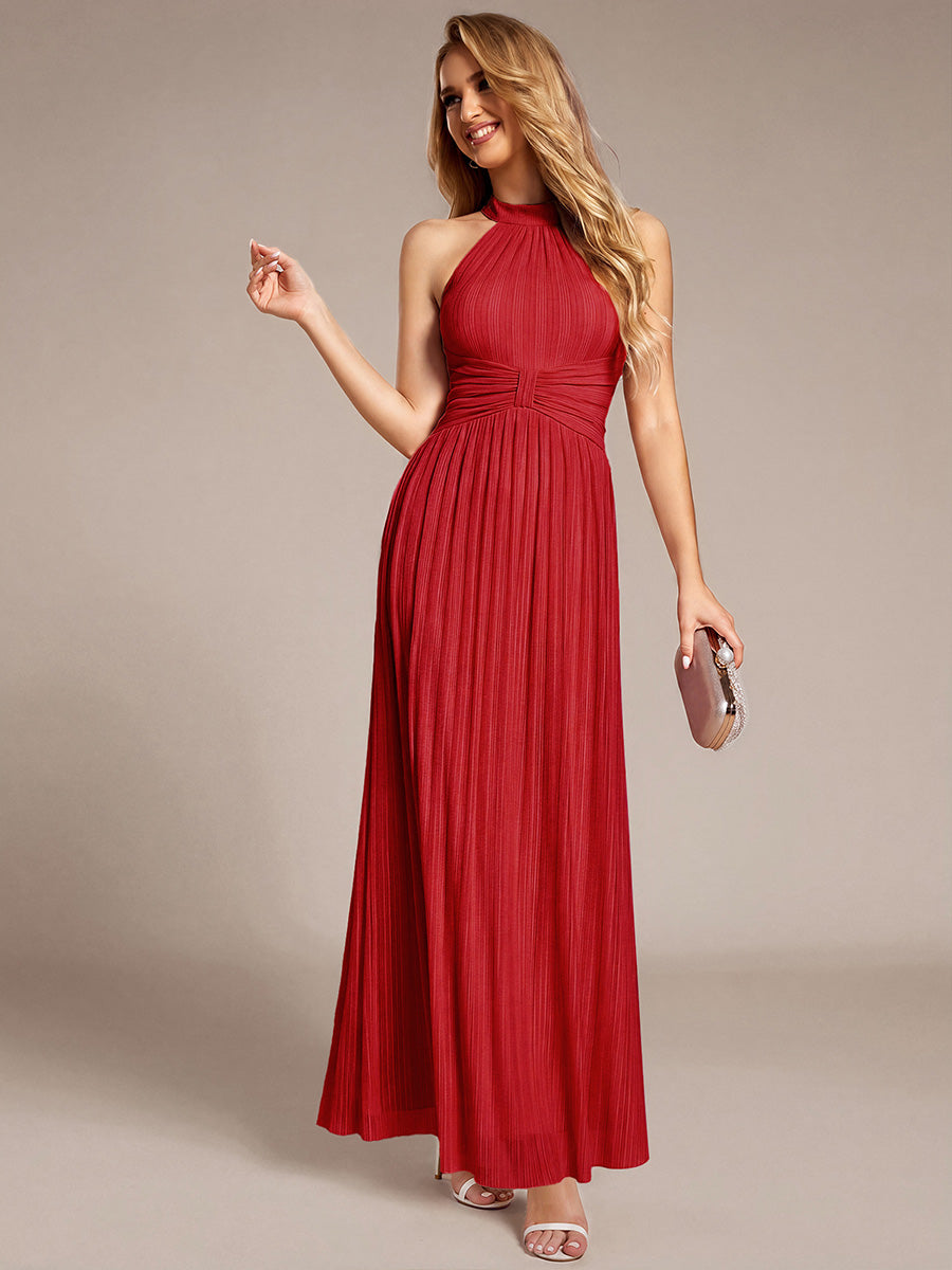 Halter Neck Pleated Glittery Formal Evening Dress with Empire Waist #color_Red