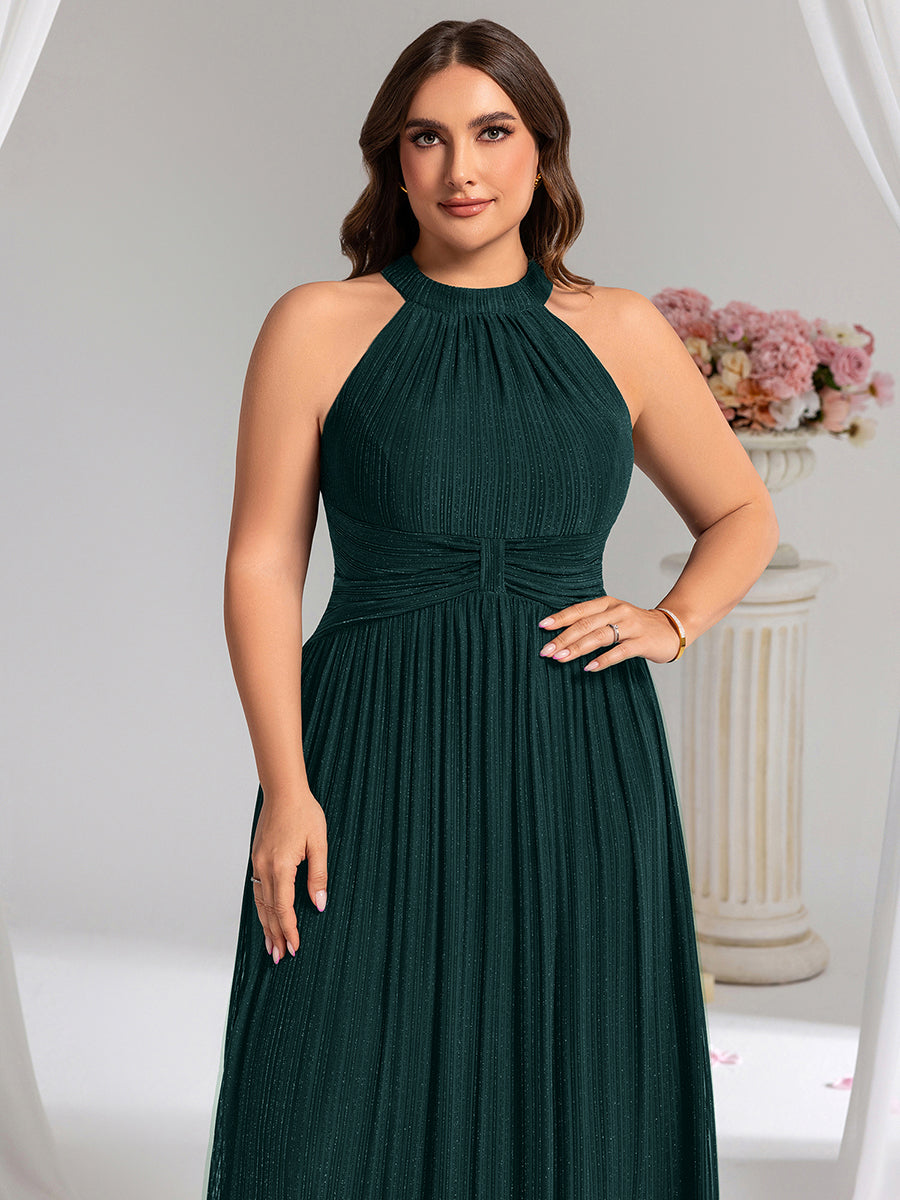 Plus Size Glittery Halter Neck Pleated Formal Evening Dress #color_Teal
