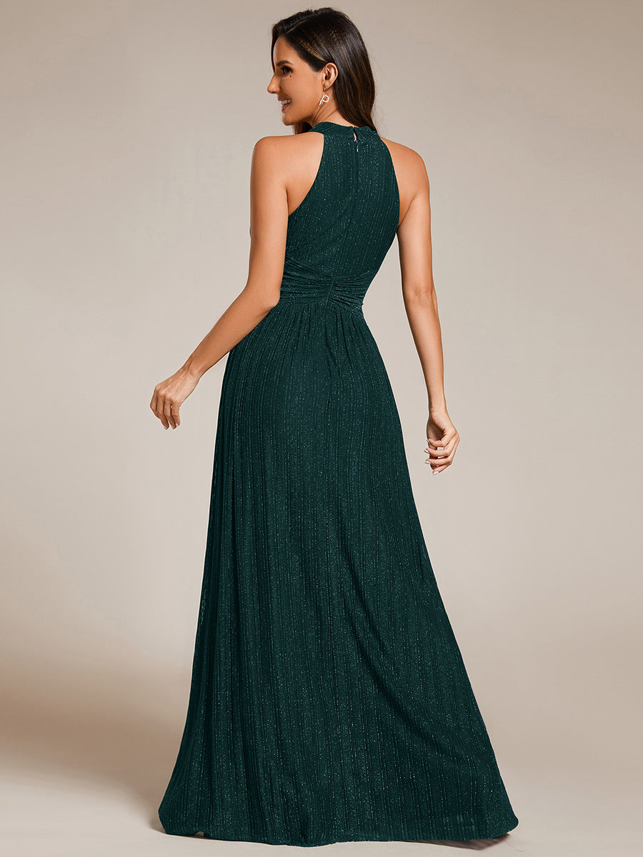 Halter Neck Pleated Glittery Formal Evening Dress with Empire Waist #color_Teal