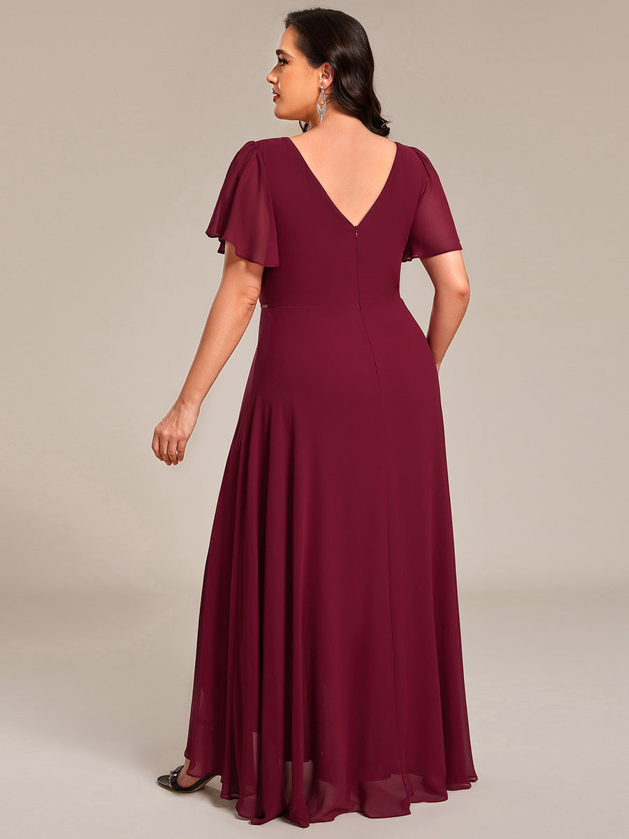 Double V-Neck Waist Trimmed Chiffon Formal Evening Dress #color_Burgundy
