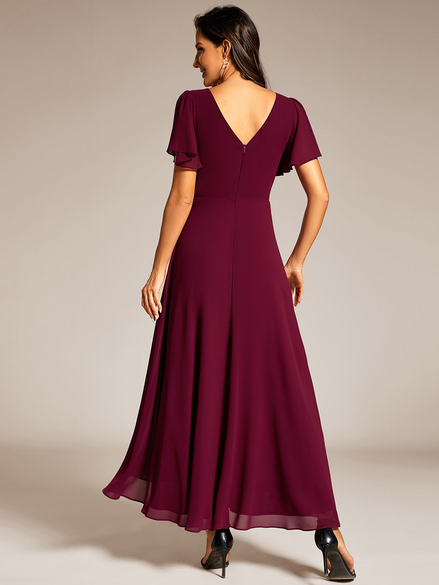 Double V-Neck Waist Trimmed Chiffon Mother of the Bride Dress #color_Burgundy