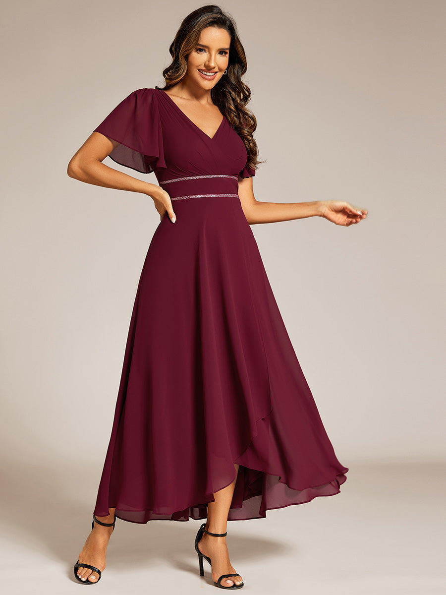 Double V-Neck Waist Trimmed Chiffon Mother of the Bride Dress #color_Burgundy