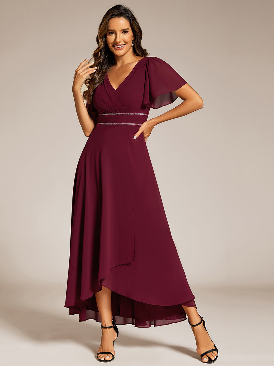 Double V-Neck Waist Trimmed Chiffon Mother of the Bride Dress #color_Burgundy