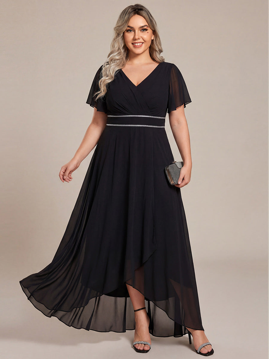 Double V-Neck Waist Trimmed Chiffon Mother of the Bride Dress #color_Black