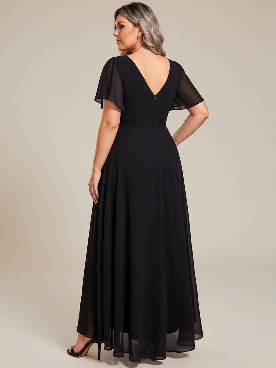Double V-Neck Waist Trimmed Chiffon Formal Evening Dress #color_Black