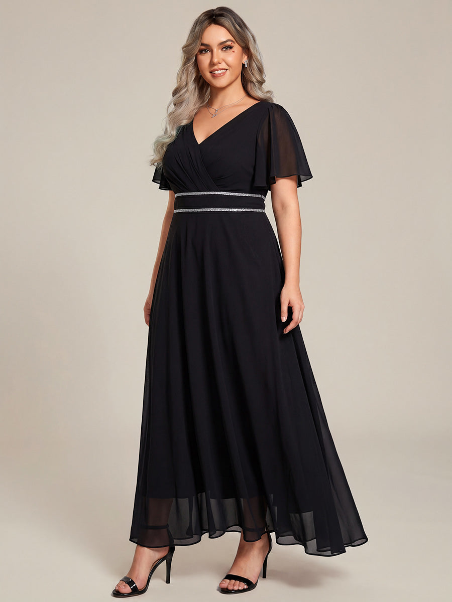 Double V-Neck Waist Trimmed Chiffon Formal Evening Dress #color_Black