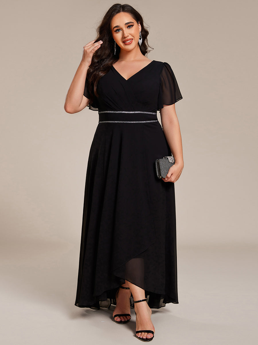 Double V-Neck Waist Trimmed Chiffon Formal Evening Dress #color_Black