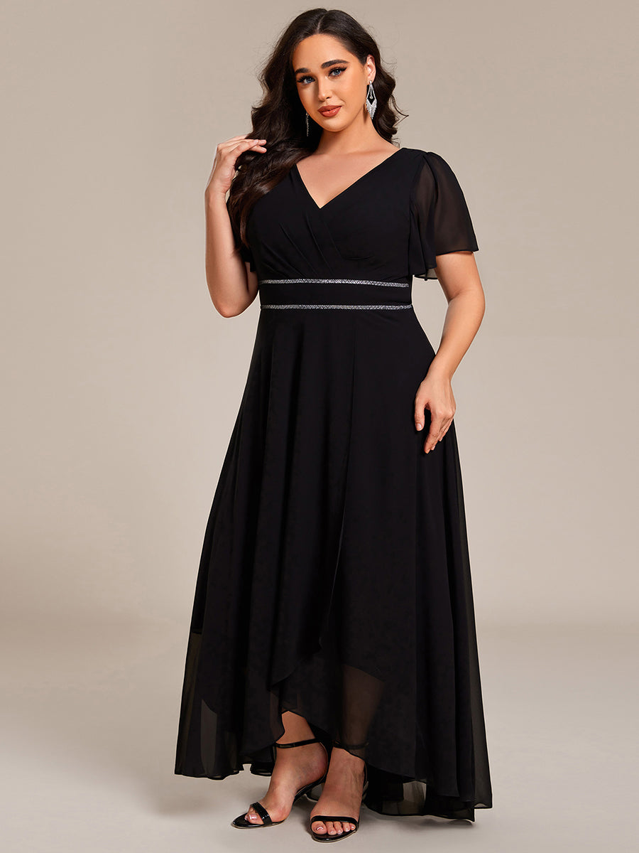 Double V-Neck Waist Trimmed Chiffon Formal Evening Dress #color_Black