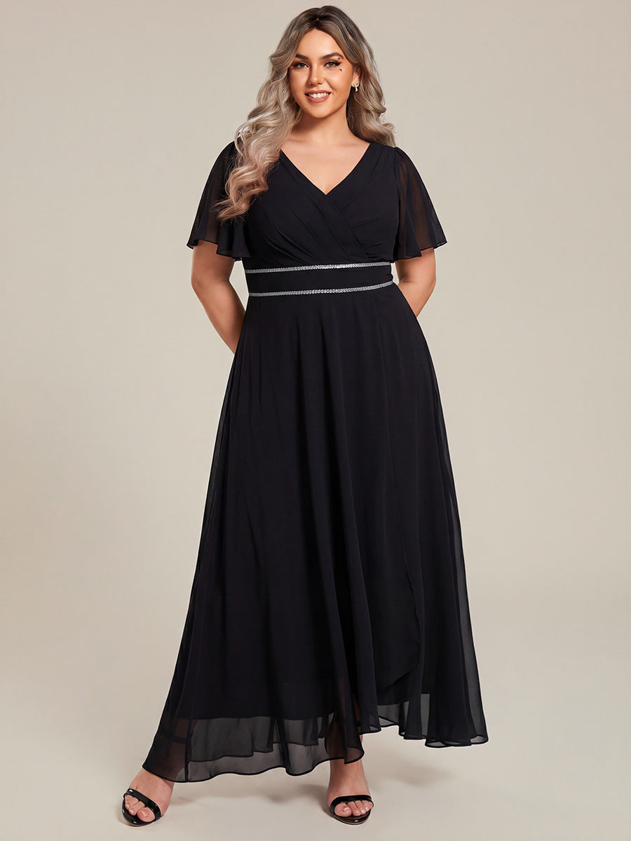 Plus Size V-Neck Rhinestone Waist Chiffon Maxi Formal Evening Dress #color_Black