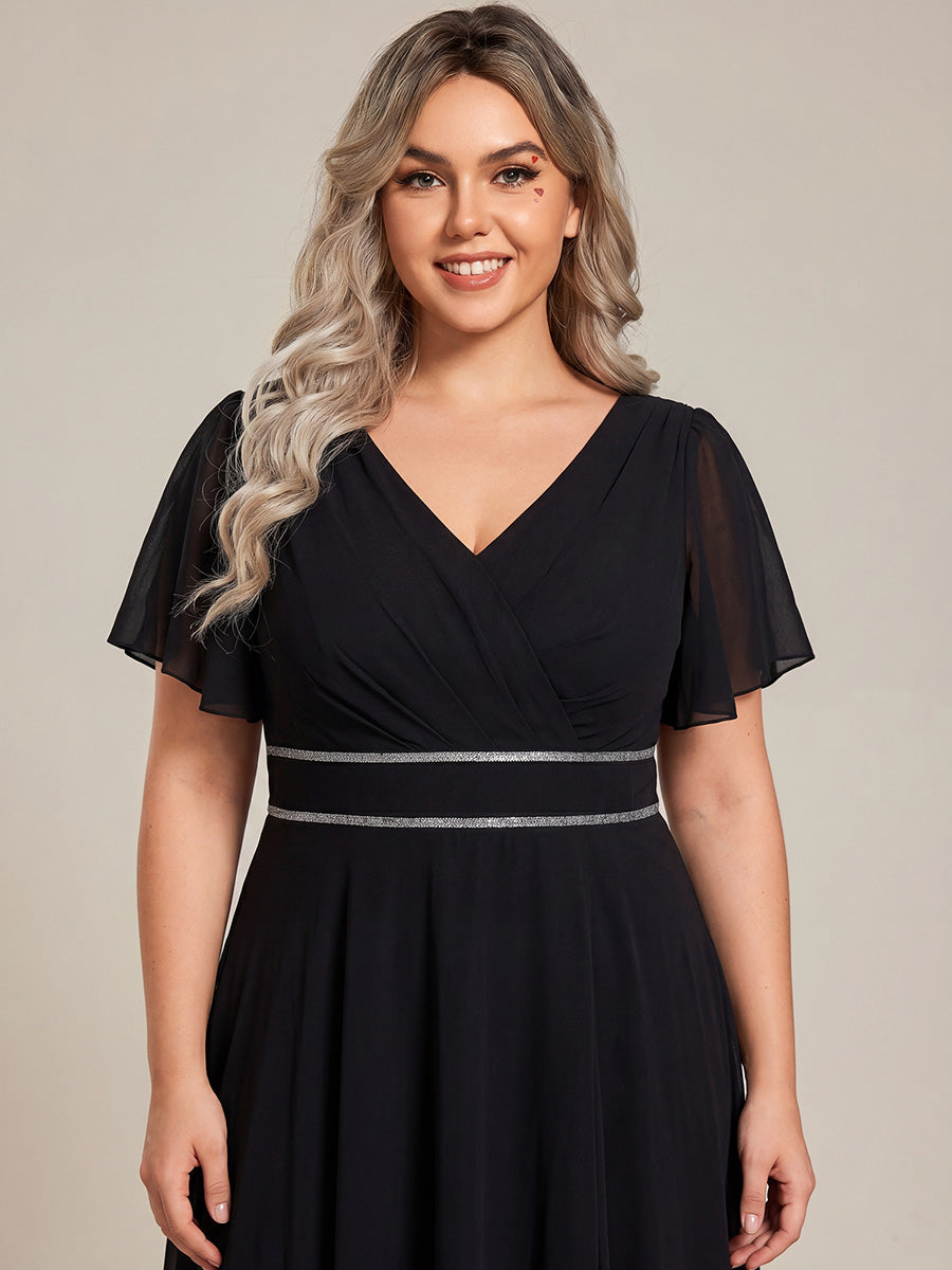 Double V-Neck Waist Trimmed Chiffon Formal Evening Dress #color_Black