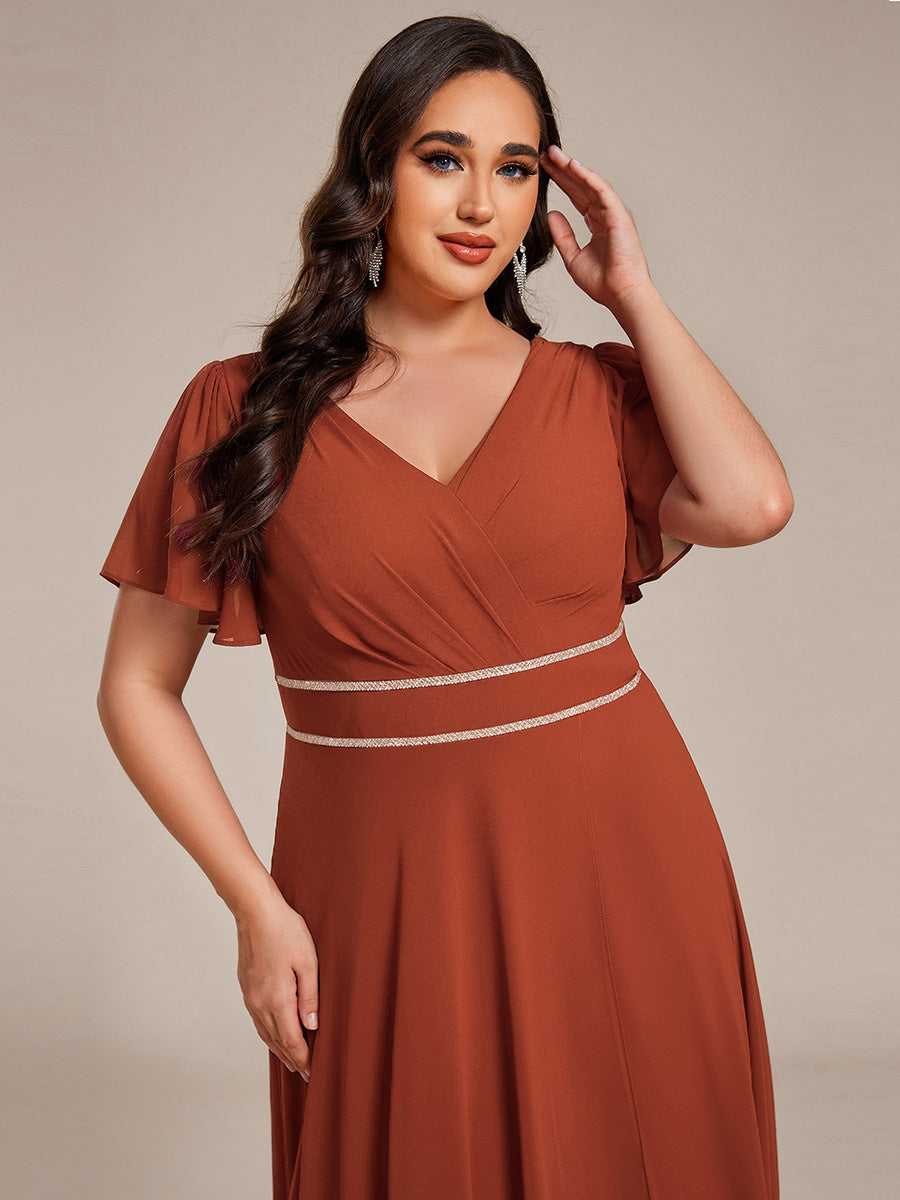Plus Size V-Neck Rhinestone Waist Chiffon Maxi Formal Evening Dress #color_Burnt Orange