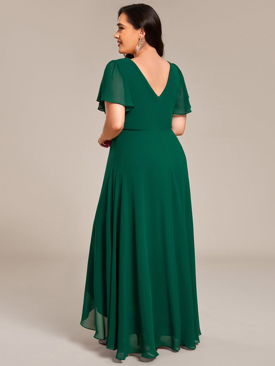 Double V-Neck Waist Trimmed Chiffon Formal Evening Dress #color_Dark Green