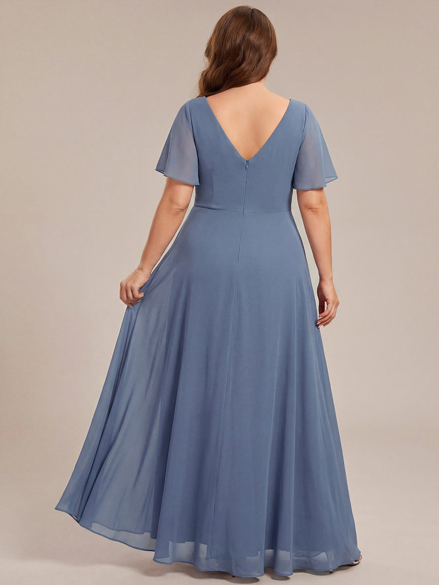 Double V-Neck Waist Trimmed Chiffon Formal Evening Dress #color_Dusty Blue