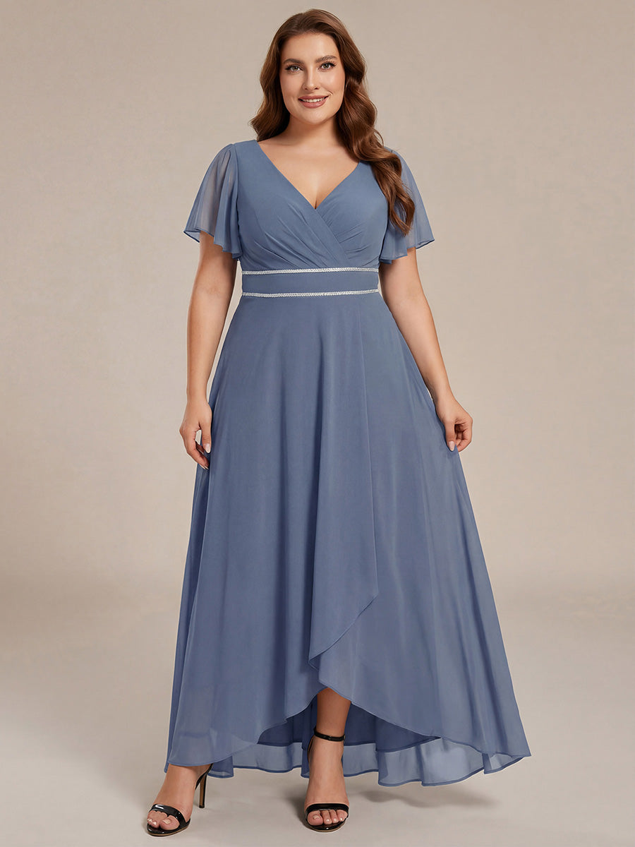 Plus Size V-Neck Rhinestone Waist Chiffon Maxi Formal Evening Dress #color_Dusty Blue