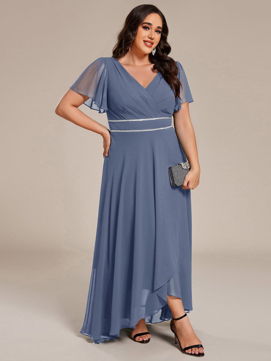 Plus Size V-Neck Rhinestone Waist Chiffon Maxi Formal Evening Dress #color_Dusty Blue